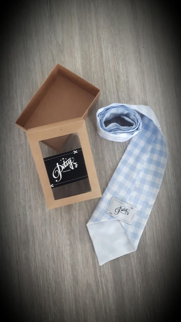 Cravate en coton vichy bleu et blanc – Image 2