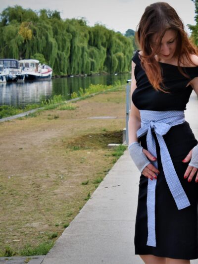 Ceinture à nouer grise à pois blancs