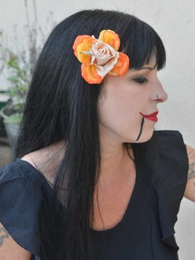 Pince à cheveux fleur rose orange à paillettes