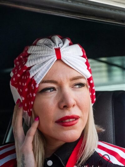 Bonnet Turban Rétro en Jersey – Rouge à Pois Blancs & Blanc Uni