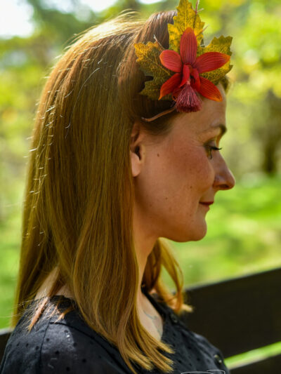 Pince à cheveux feuille d'automne et orchidée orange, fait main
