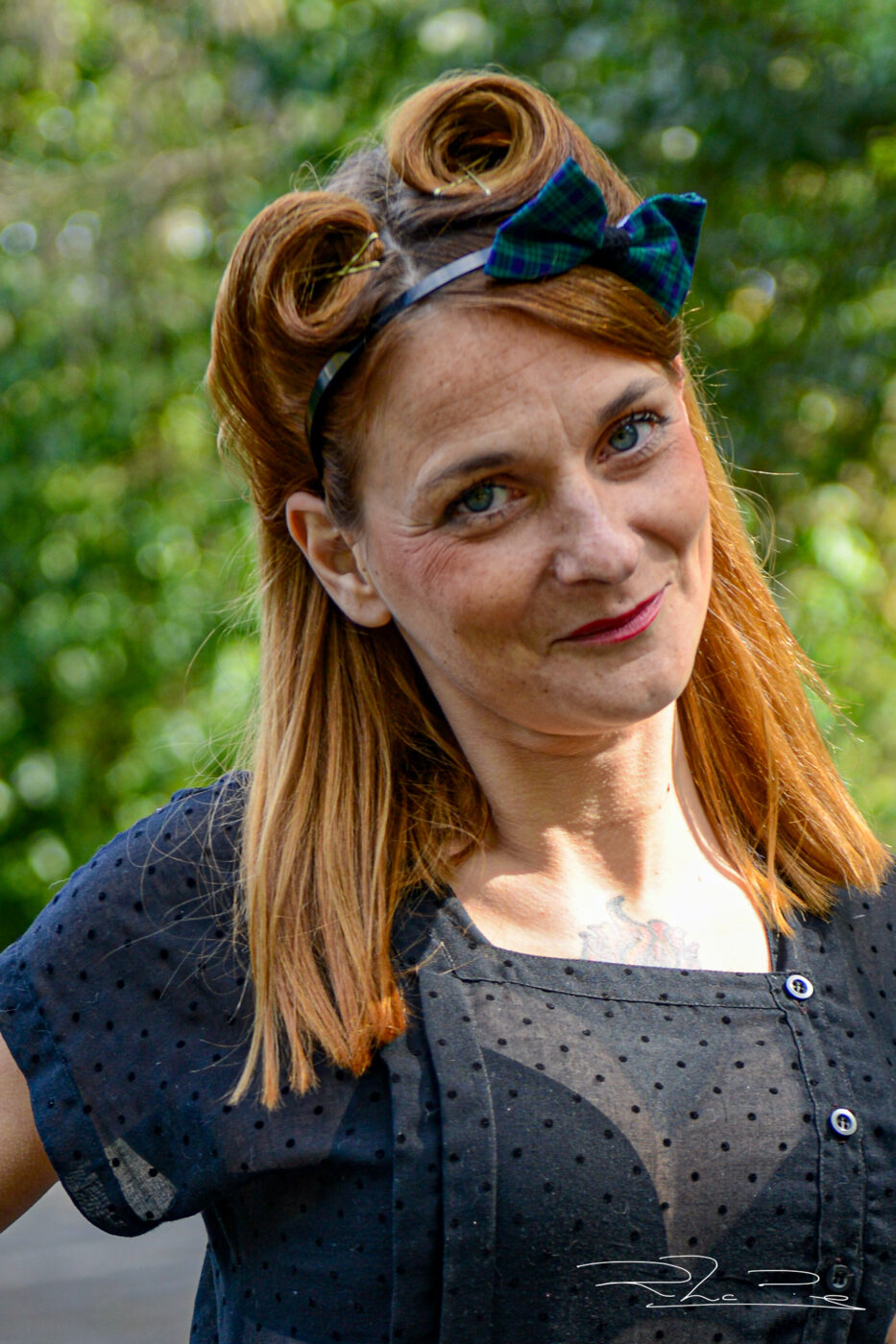 Serre-tête noeud Écossais vert et bleu, dentelle noire